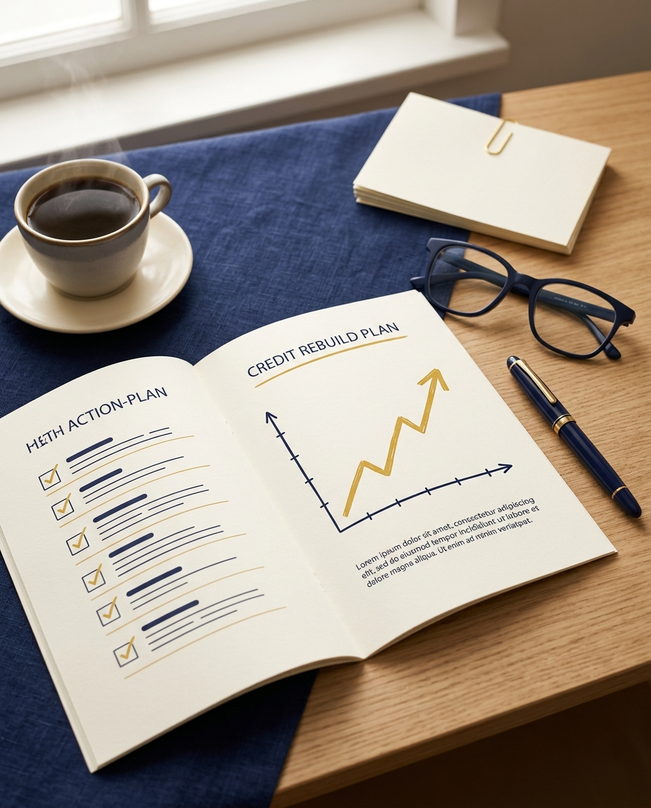 An open credit rebuild plan with a checklist and an upward-trending chart.
