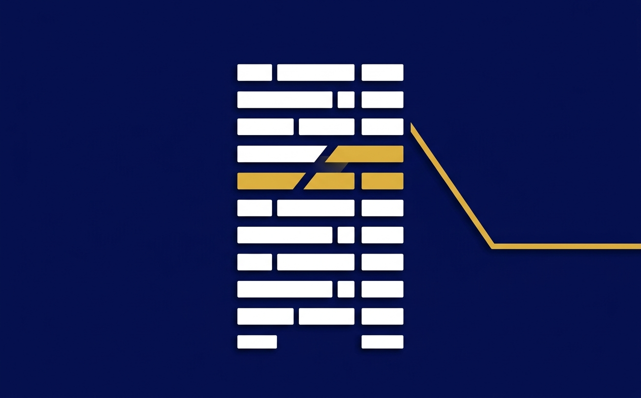 Illustration of an account statement with a flagged line leveling off, navy and gold.
