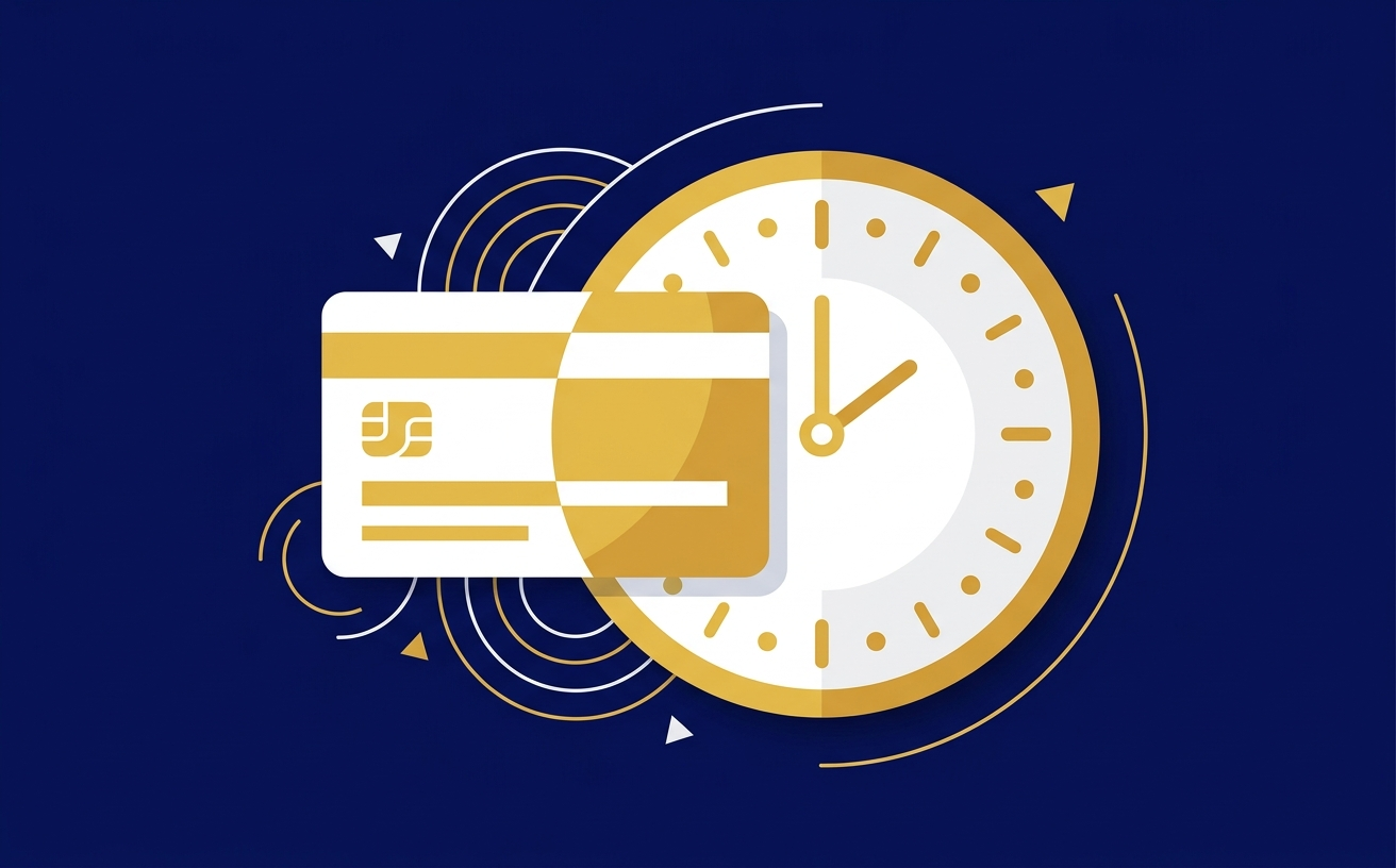 Illustration of a credit card overlapping a clock face, navy and gold.