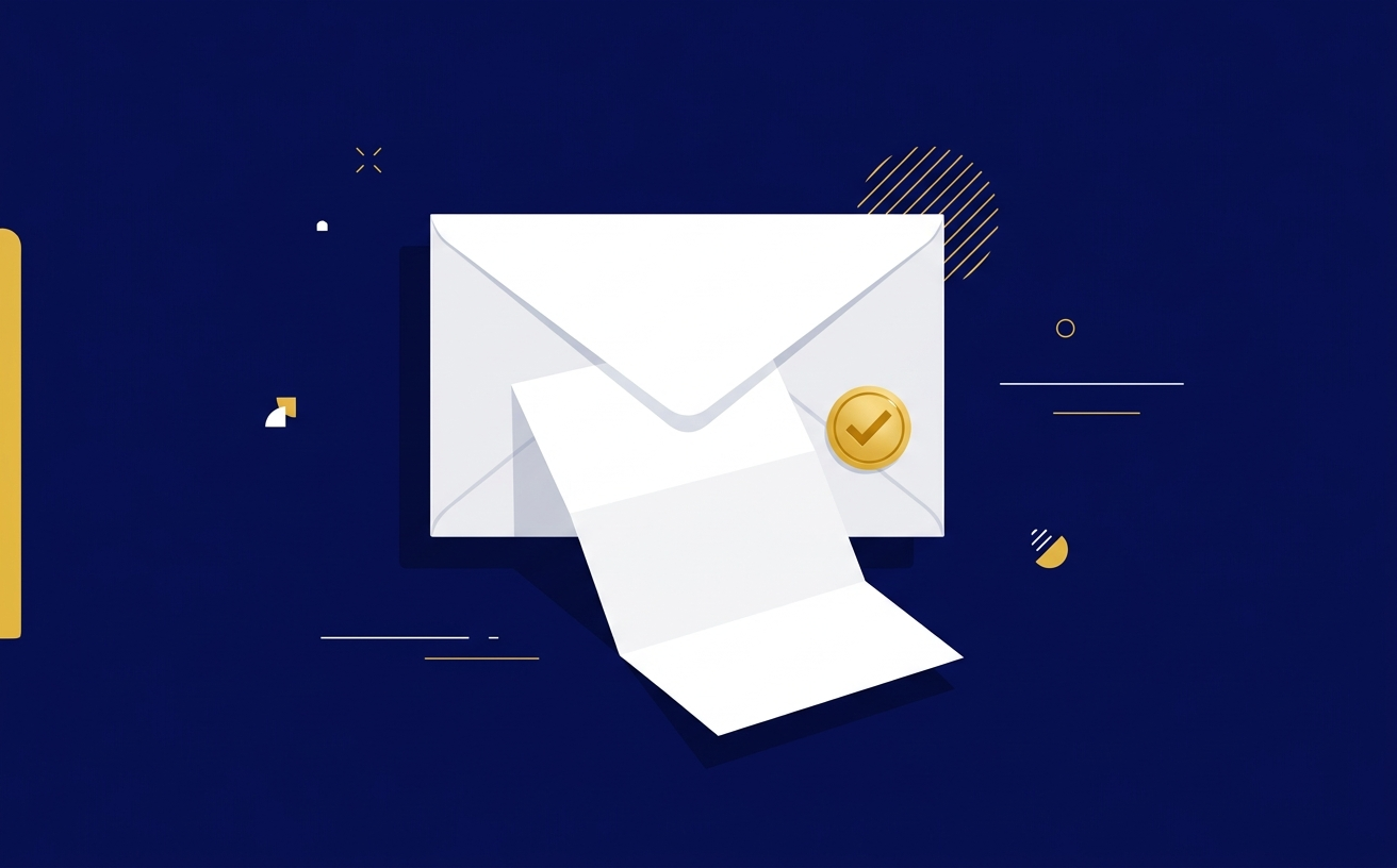 Illustration of an envelope and letter with a gold checkmark seal, navy and gold.