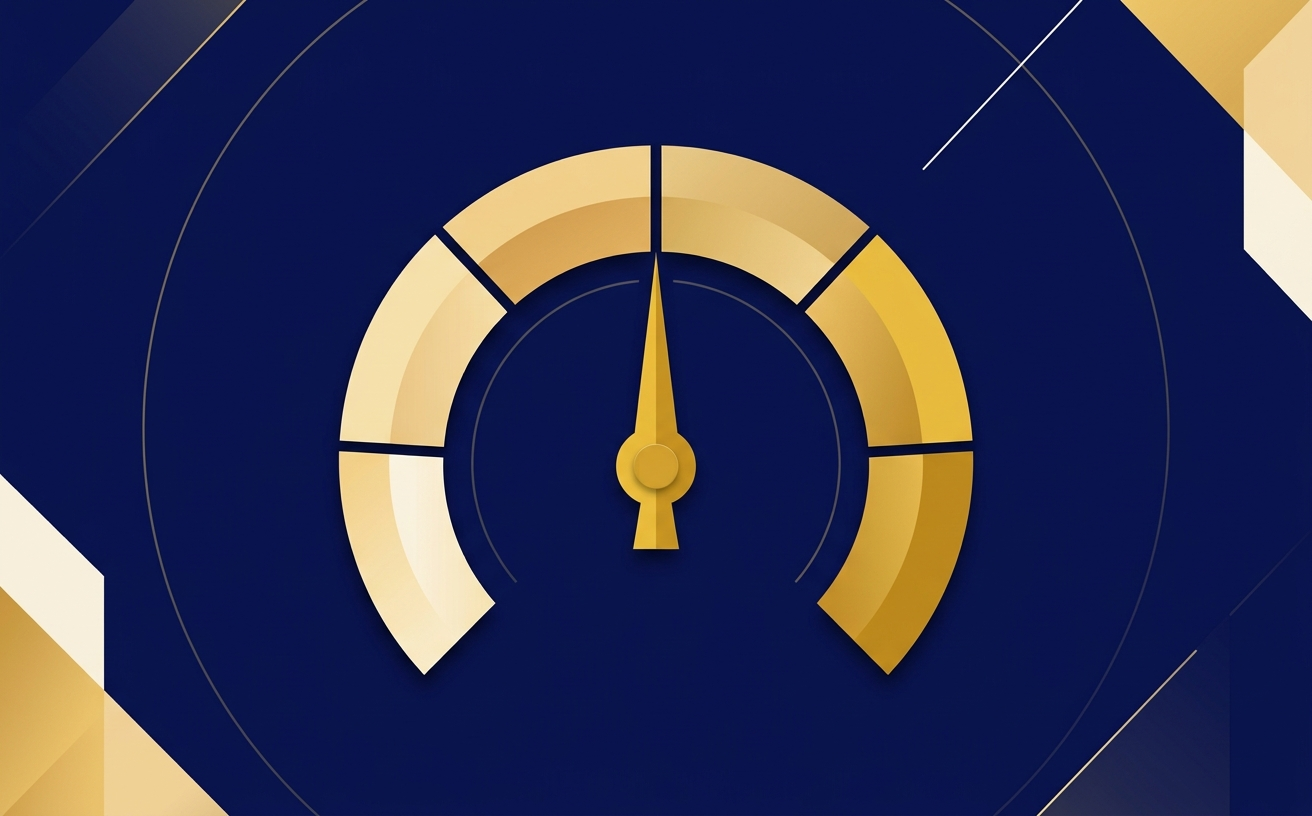 Illustration of a five-segment credit score gauge in navy and gold.