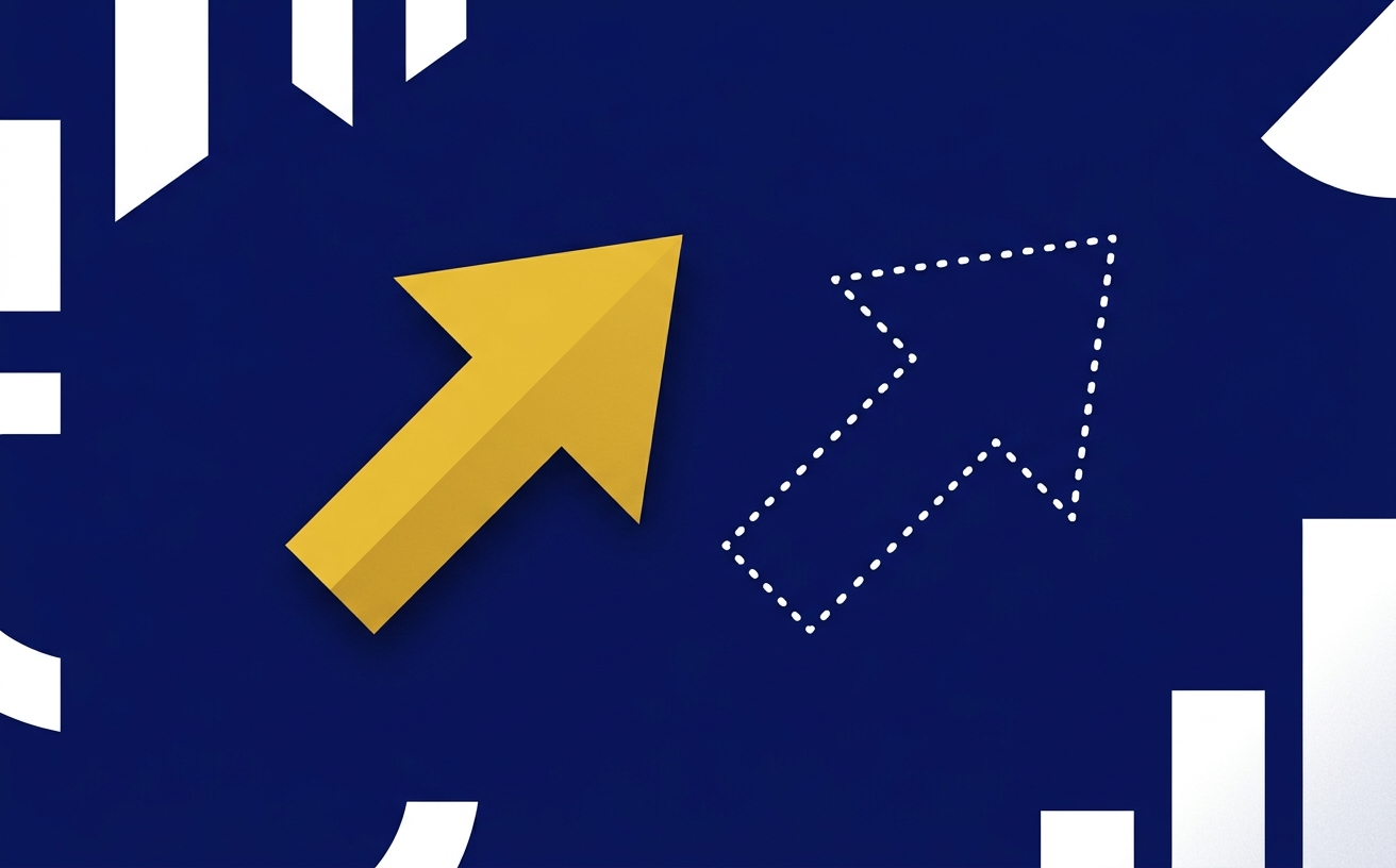 Illustration of two contrasting arrows representing hard and soft credit checks, navy and gold.