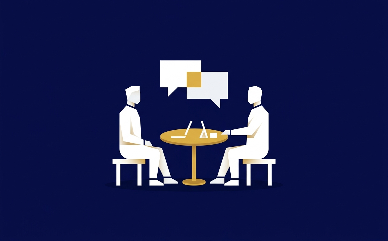Illustration of two figures at a table with speech bubbles, navy and gold.
