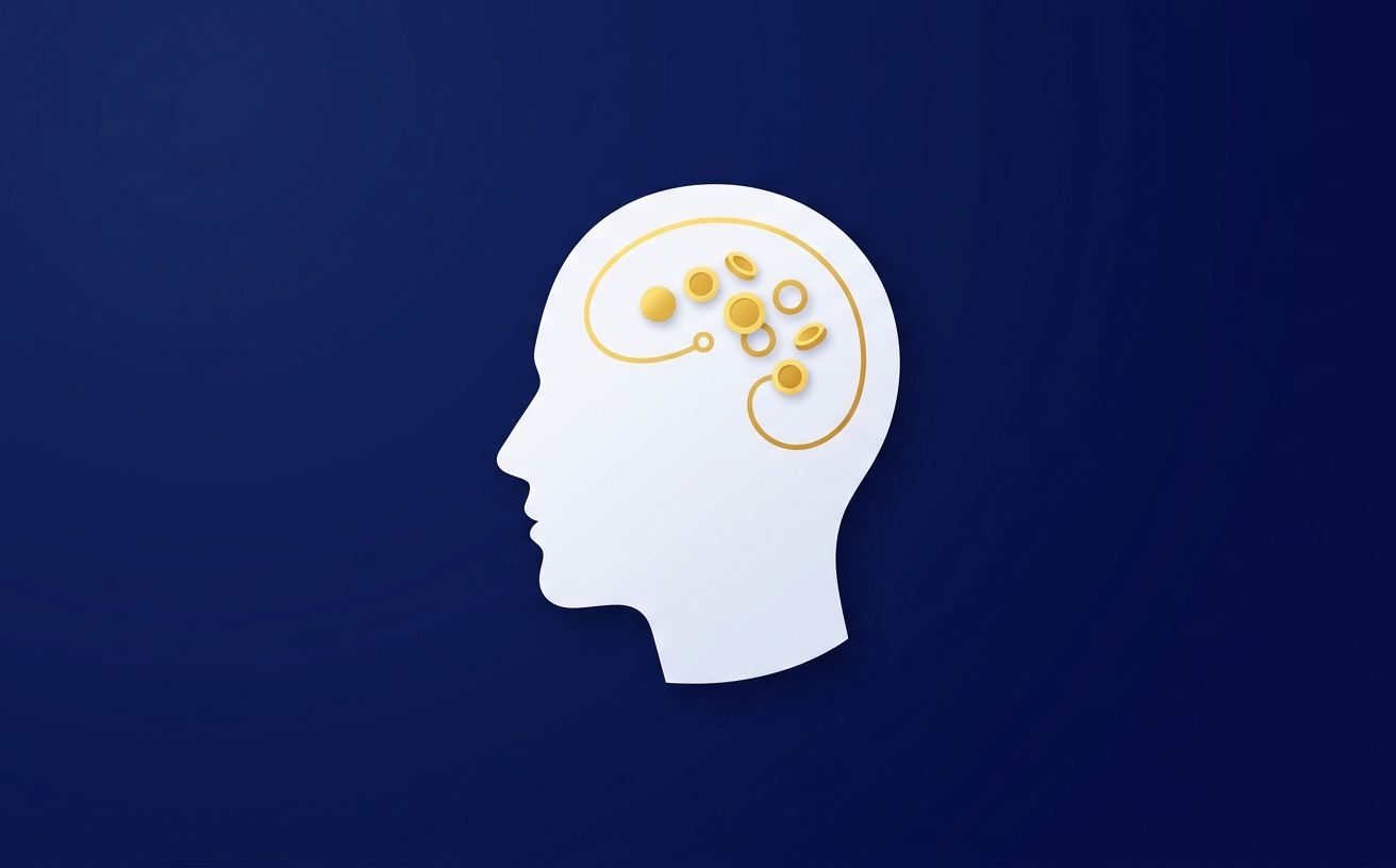Illustration of a calm head profile with gold coins inside, navy and gold.
