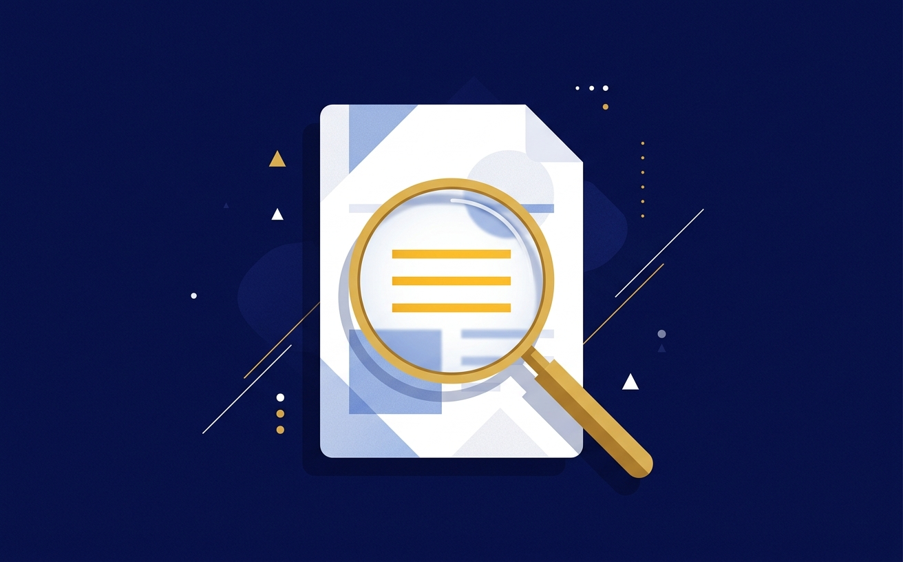 Illustration of a magnifying glass over a document in navy and gold.