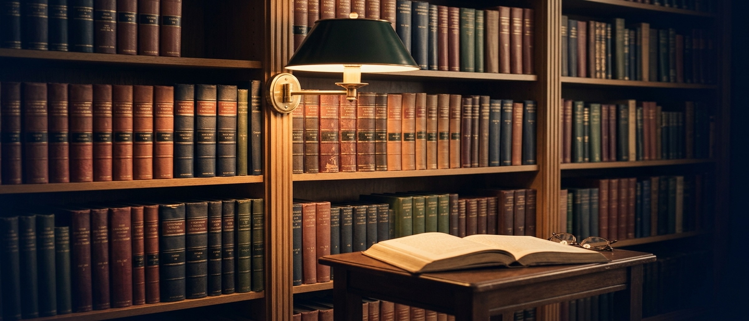 A reading-room bookshelf of leather-bound volumes in oxblood and navy.